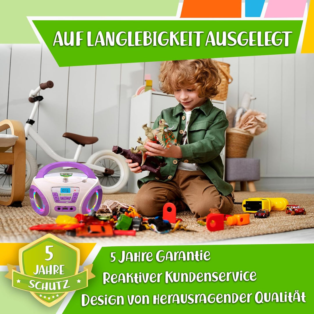 TinyGeeks Tunes Kids Boombox CD-Player für Kinder NEU + UKW-Radio + Inklusive Batterien + Lila Radio
