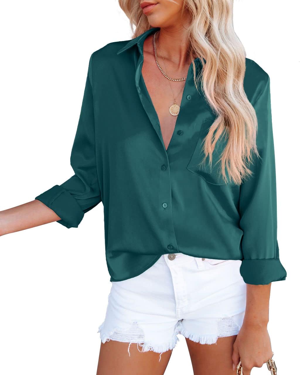 Damen Bluse Elegant V-Ausschnitt Satin Langarm Casual Oberteile Locker Hemd Einfarbig Lose Langarmsh