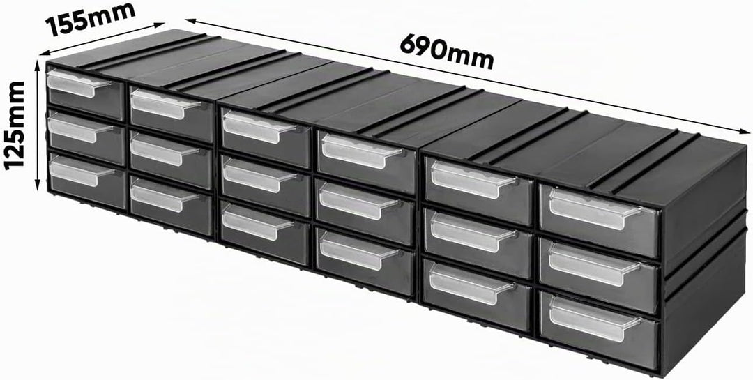 Aufbewahrungsbox mit Schubfächern Sortimentskasten - 18 Stück Transparent Schubladen - 690 x 155 x 1