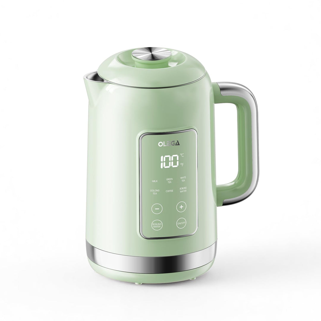 OLEGA Wasserkocher: 1800 W Wasserkocher mit Temperaturregelung, 1,5 l Fassungsvermögen, Edelstahl, S
