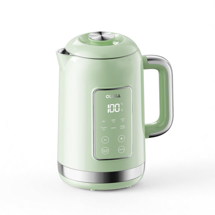 OLEGA Wasserkocher: 1800 W Wasserkocher mit Temperaturregelung, 1,5 l Fassungsvermögen, Edelstahl, S