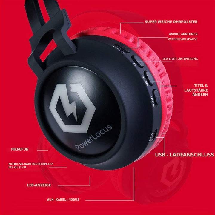 PowerLocus Kinderkopfhörer Bluetooth, Kinder Kopfhörer Over-Ear mit 85db Lautstärkebegrenzung LED-li
