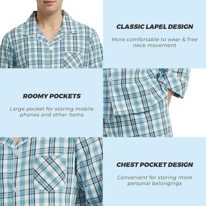 Vulcanodon Pyjama Herren 100% Baumwolle Schlafanzug lang Set kariert mit Knopfleiste weiche Nachtwäs