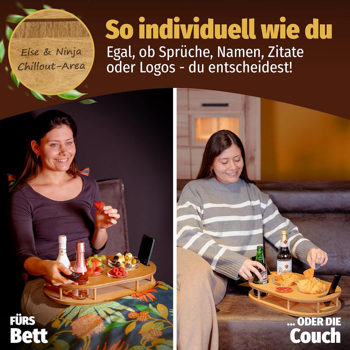 Couchbar Snackbox mit 4 Glasschalen - Sofabar für Snacks und Getränke - Couchtabletts mit Getränkeha