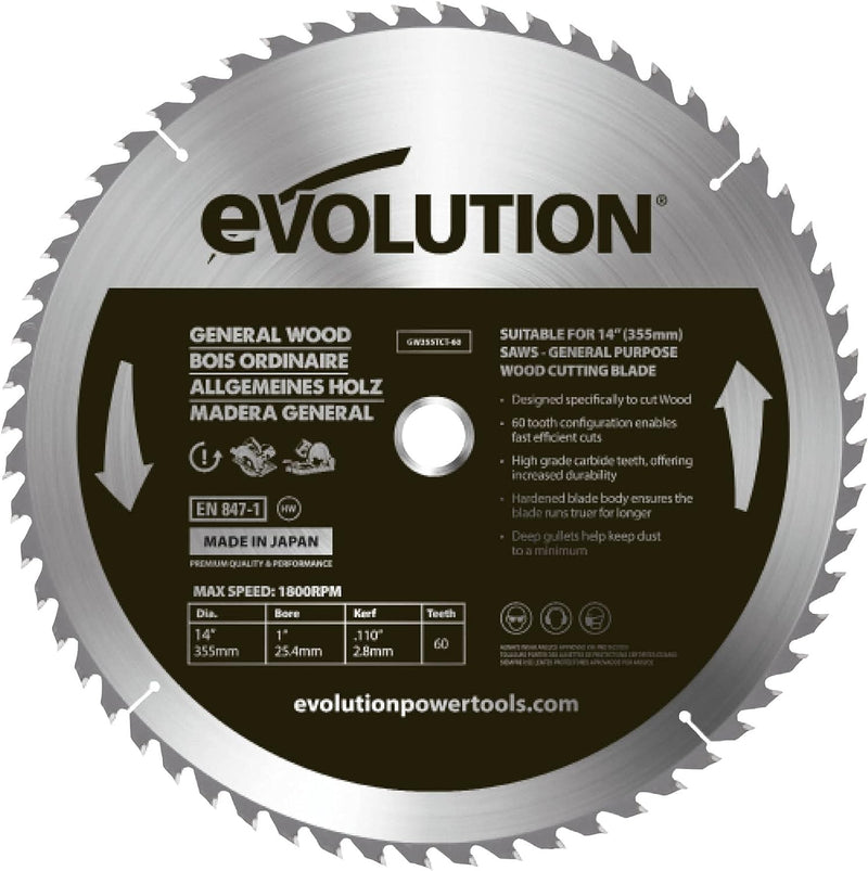 Evolution GW355TCT-60 - 355-mm-Holzsägeblatt – Hartmetallbestückte 60-Zahn-Konfiguration ermöglicht