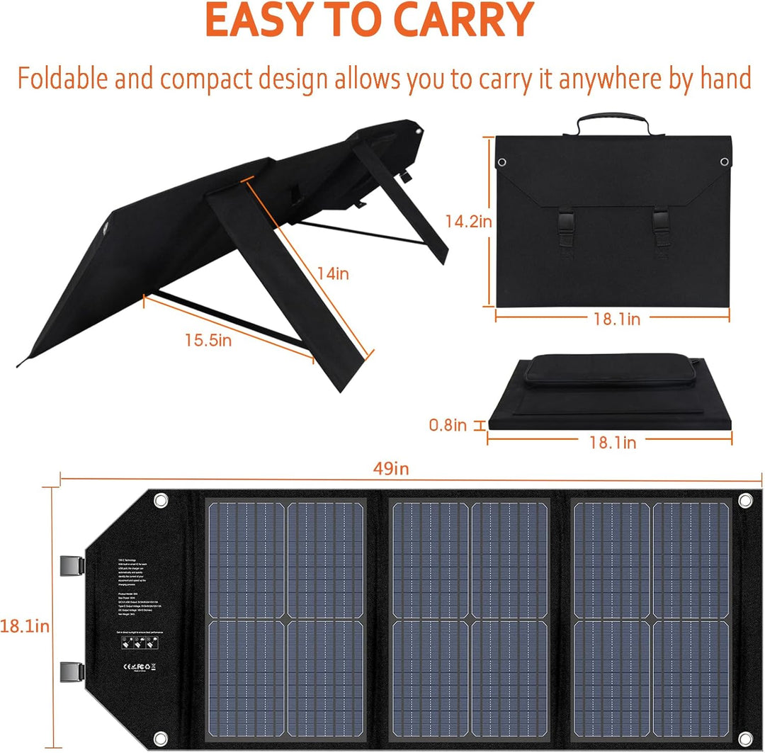 Powkey Solarpanel 60W Faltbares Solarpanel Monokristallines Solarmodul mit USB C 2*QC3.0 Port 12-18V