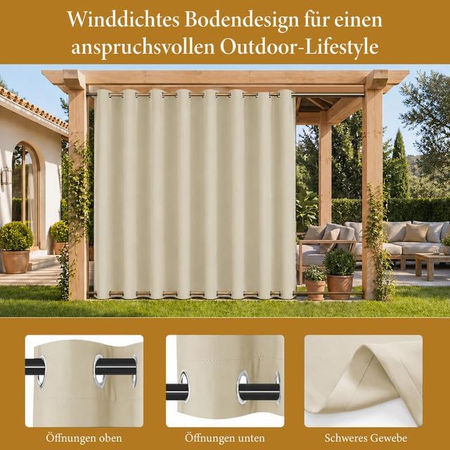 Rosnek Outdoor Vorhang Wetterfest Winddicht, Extra Breit Blickdicht Vorhänge mit Ösen Oben & Unten,