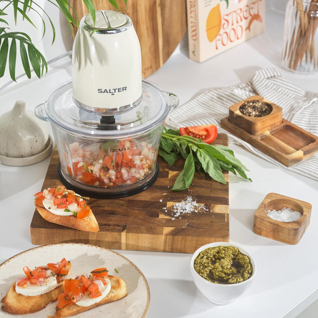 Salter Retro Cream Food Chopper - Elektrisch 1,2 Liter, 2 Geschwindigkeitsstufen, Doppelte Edelstahl