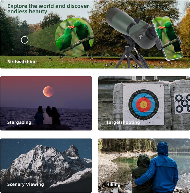HD Spektiv Sportschützen mit Stativ- und Smartphone-Adapter, Zoom Bak4 Prism FMC Lens 45-Grad-abgewi