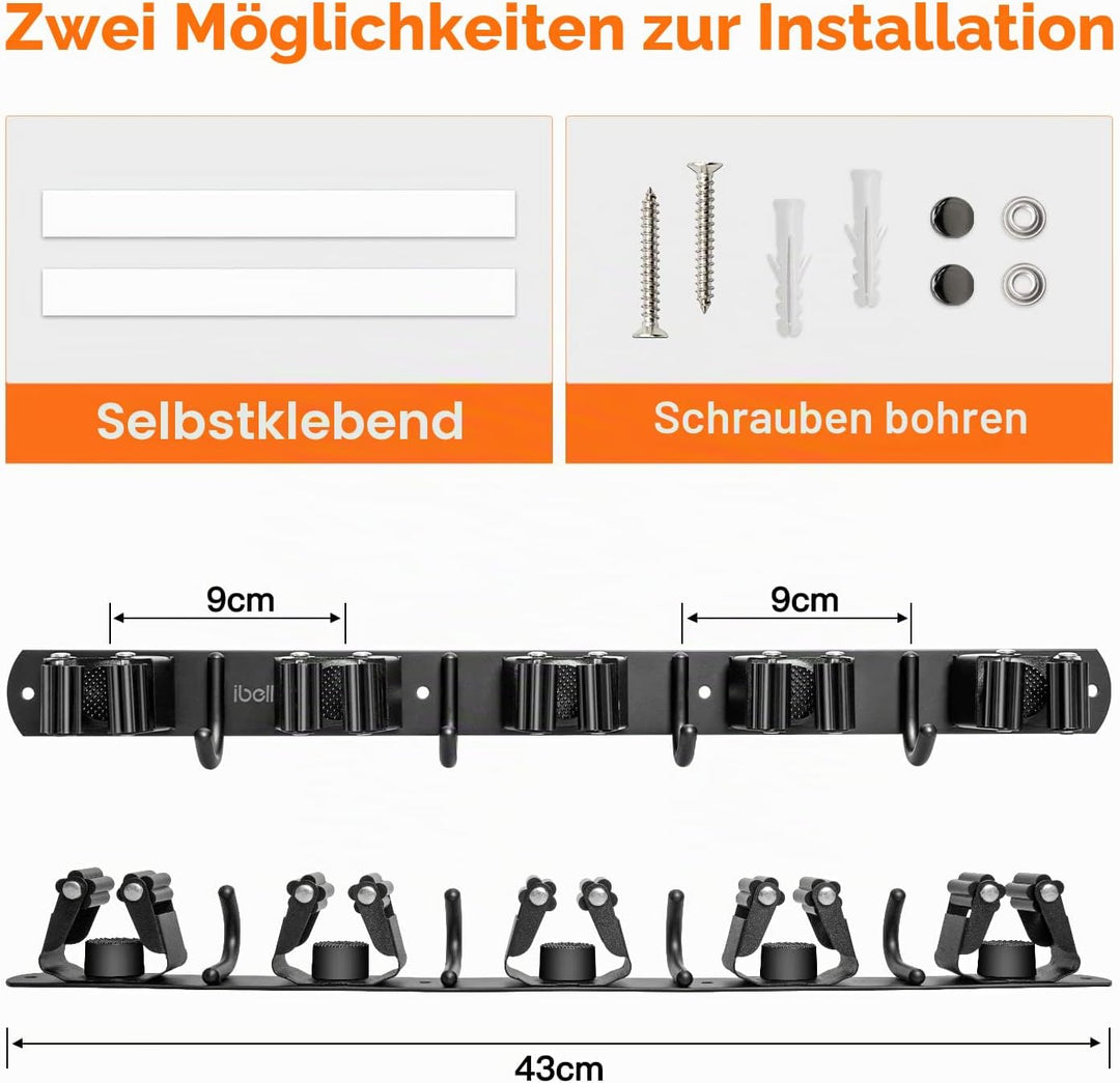 2 Stück Besenhalterung Wand, ibell Gerätehalter Edelstahl mit 10 Halter und 8 Haken, Mopphalter Wand