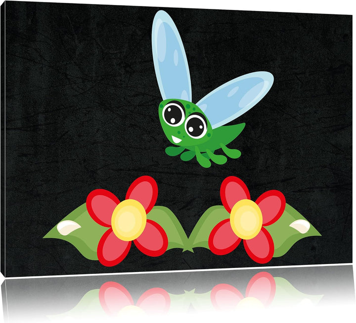 Pixxprint süsse Libelle mit Blumen als Leinwandbild/Grösse: 100x70 cm/Wandbild/Kunstdruck/fertig bes