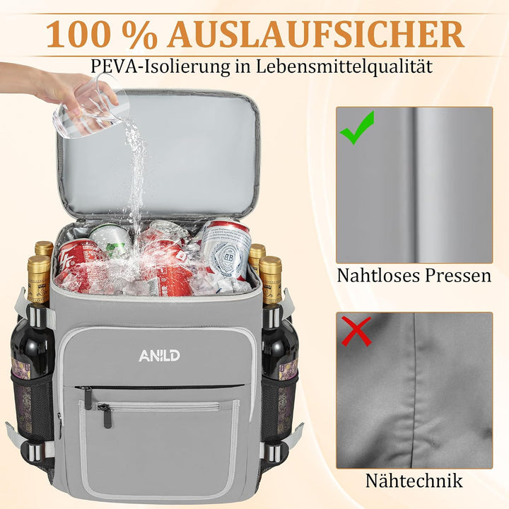 40 Dosen Isolierter Kühlrucksack 30L, Thermo Rucksack Gross, Auslaufsichere wasserdichte Picknickruc