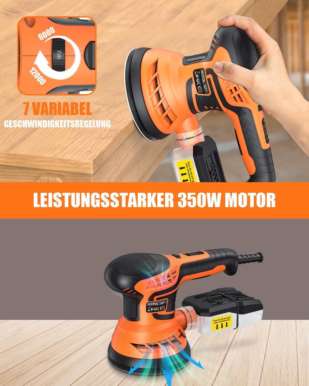 Exzenterschleifer 125mm 350W mit Staubabsaugung | 7-stufig variable Geschwindigkeit 6000-13000 U/min