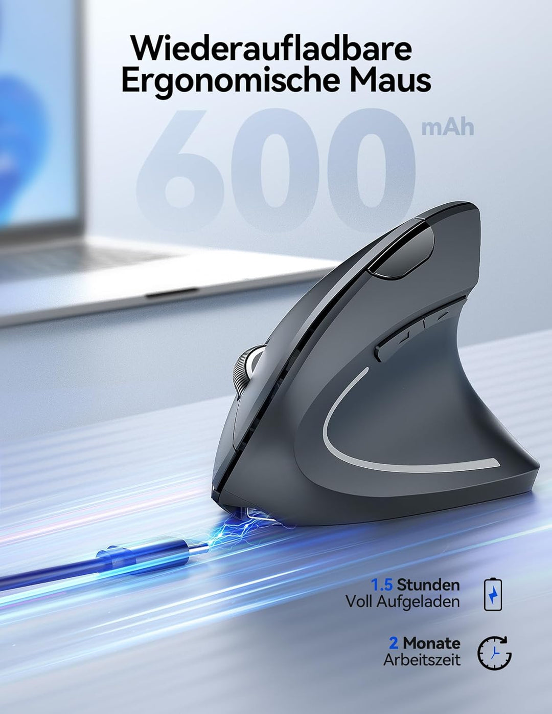 TECKNET Wiederaufladbar Ergonomische Maus Kabellos, 2.4G Optische Vertikale Maus Ergonomisch, 5 Eins