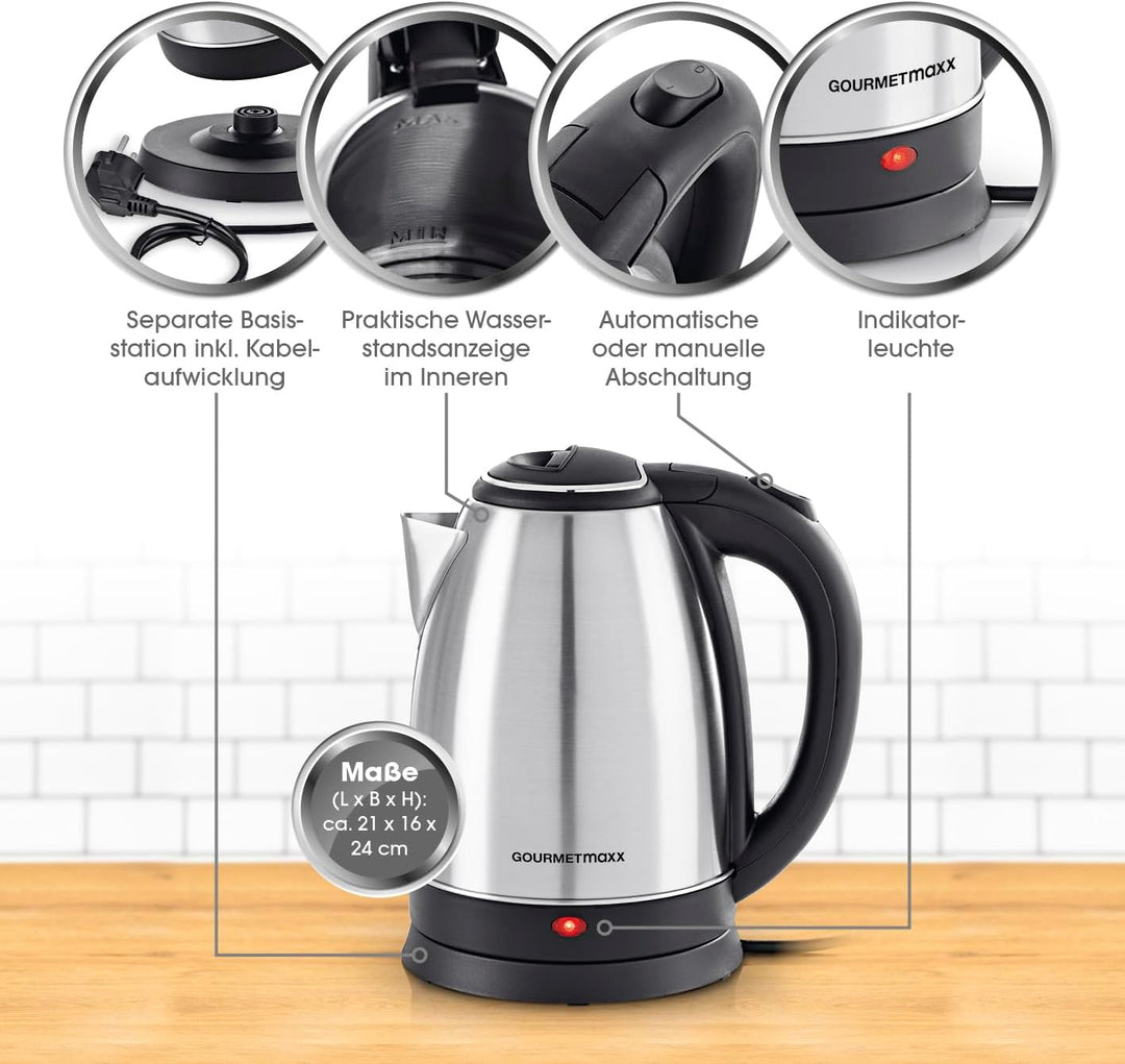 GOURMETmaxx Edelstahl-Wasserkocher 1,8 L | Leistungsstarker Boiler mit Abschaltfunktion und 360° Bas