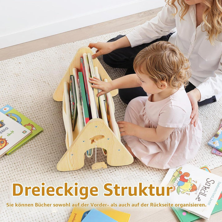 Bücherregal Kinder mit Doppelter Seite, Dreieckige Kinderregal 4-stöckig Montessori Regal für Kinder