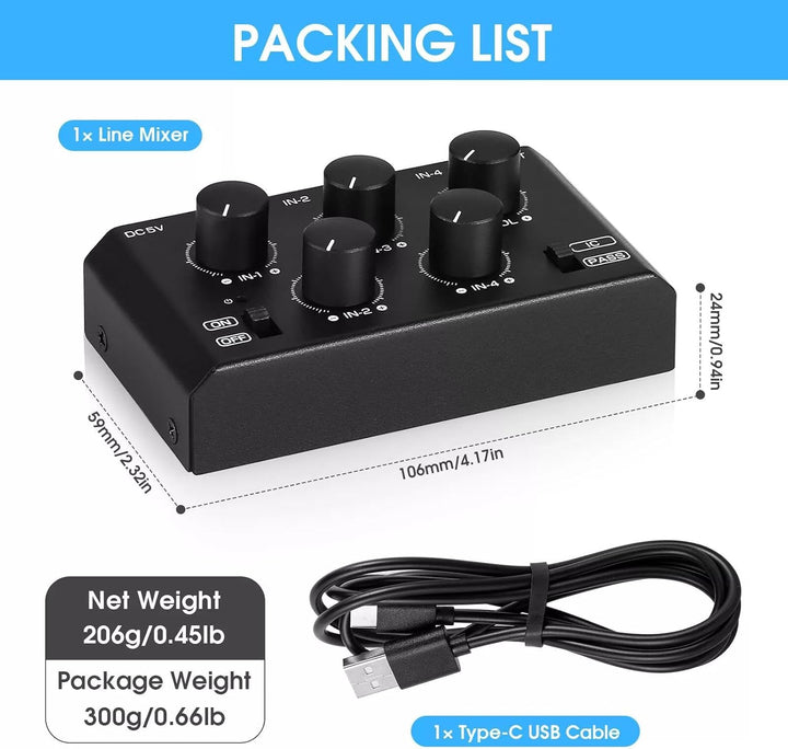Mini Stereo-Audiomixer mit 4 Kanälen und sehr geringem Rauschen für Heim/Studio/Bar Line-Mixer (MC5-