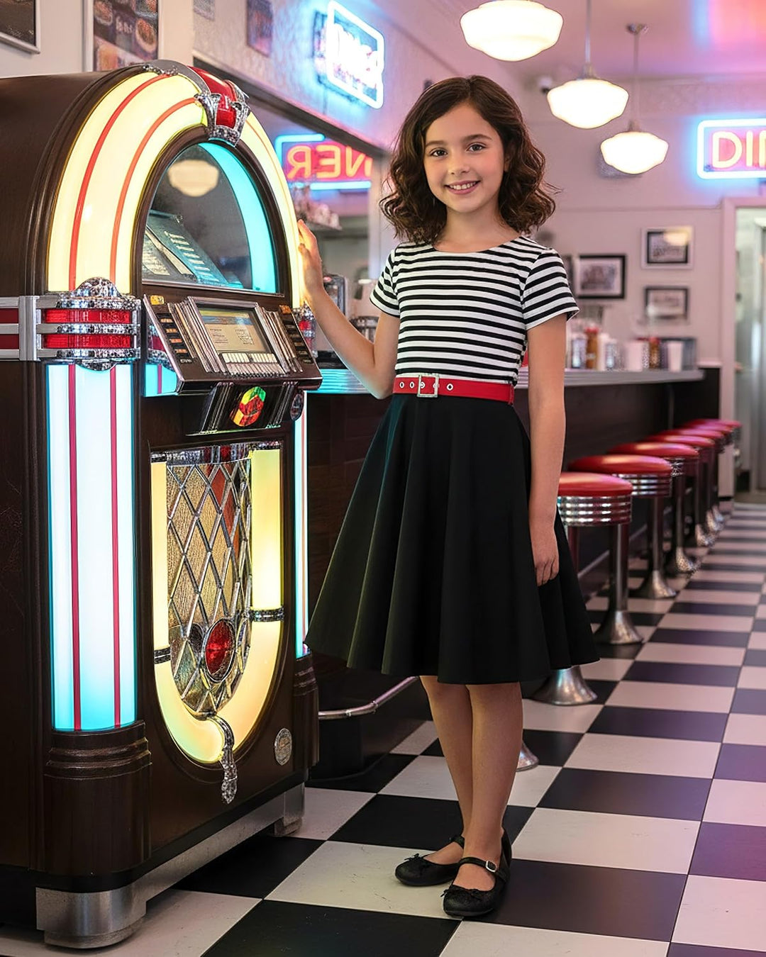 BlackButterfly Kinder 'Maria' Vintage Gestreift Mädchen Kleid im 50er-Jahre-Stil 3-4 Jahre Schwarz,