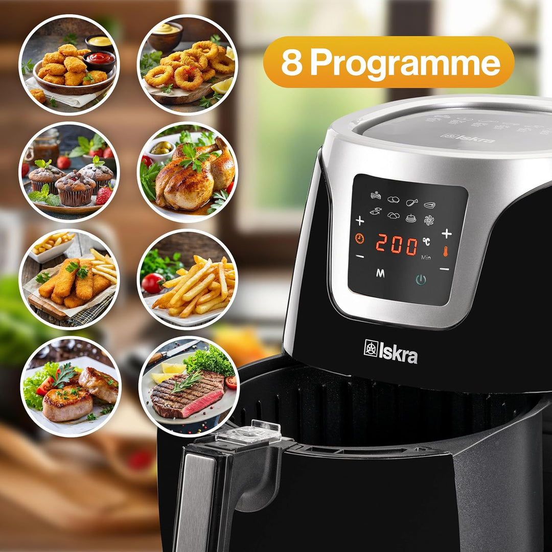 Iskra Heissluftfritteuse klein | 3.2L Airfryer | Touchscreen mit 8 Programmen | Gesunde Fritteuse oh