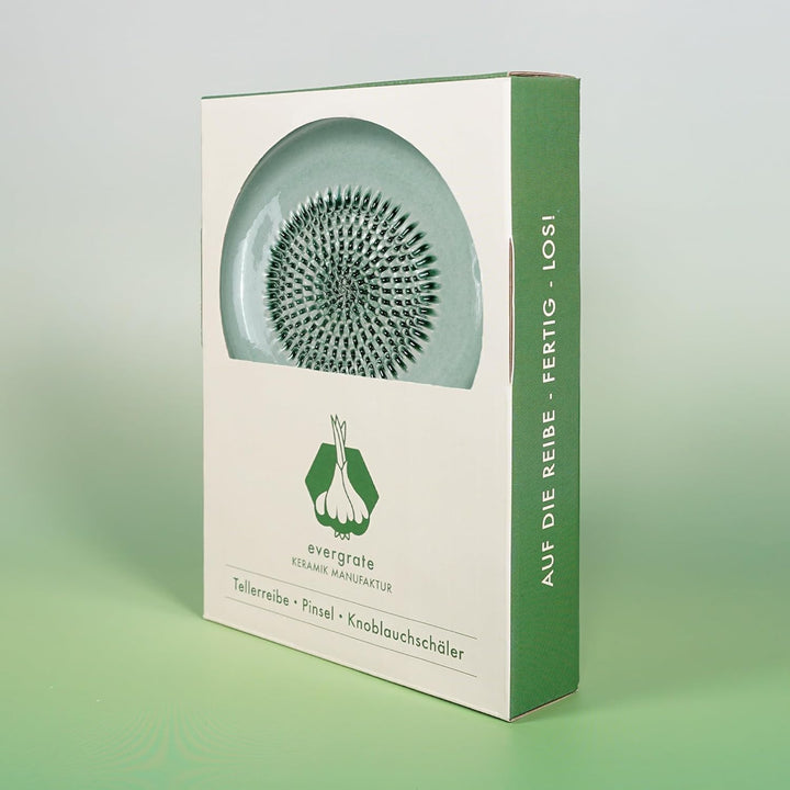 Evergrate® Keramikreibe Mint mit Geschenkbox – mit Reibe, Knoblauchschäler, Rezeptheft & Pinsel – Ha