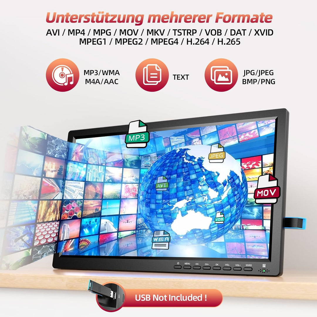 DESOBRY Tragbare Fernseher 15,6 Zoll 1080P Auflösung, Kleiner Fernseher-Unterstützung USB HDMI AV-Ei