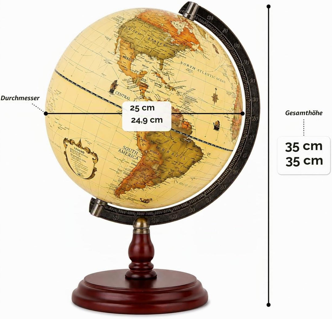 Exerz 25cm Antiker Globus Mit Holzfuss - Englische Karte - Für Kinder Büro Deko - Schülerglobus Mord