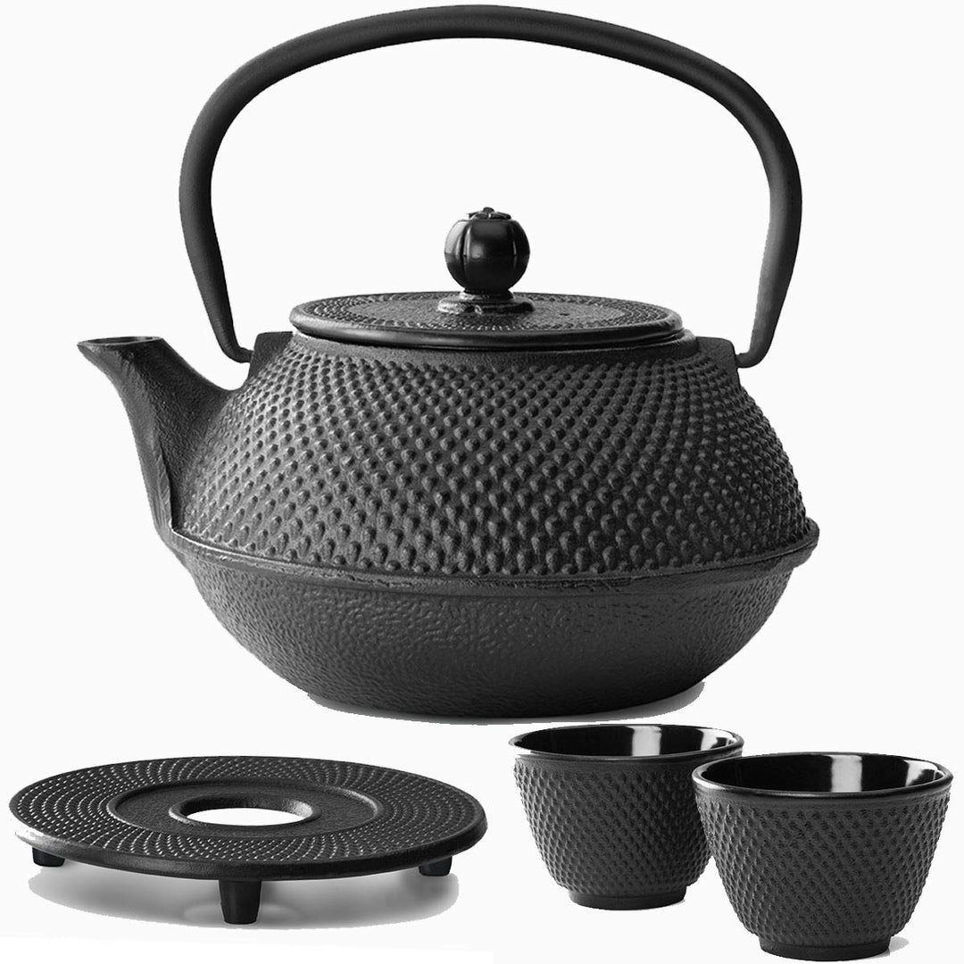 Teekanne asiatisch Gusseisen Set schwarz 0.8 Liter mit Edelstahl Tee-Filter-Sieb-Einsatz für losen T