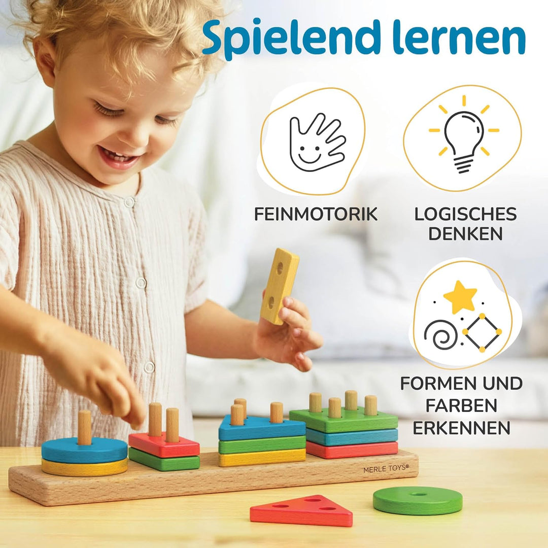 Steckspiel ab 1 Jahr, 4in1 Formen Sortierspiel ab 2 Jahre mit 16 Formen, Montessori Steckspiel Holz,