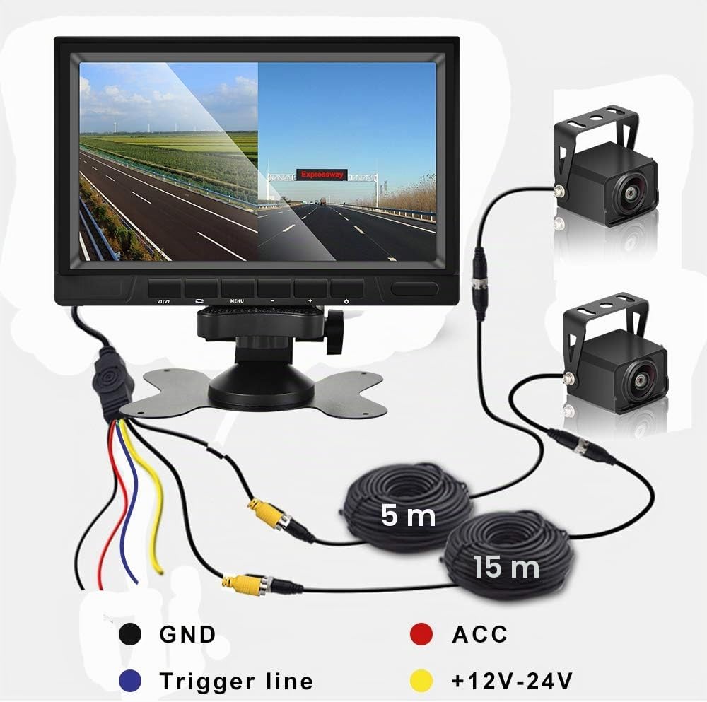 CAMECHO Rückfahrvideosystem mit Dual Rückfahrkamera,7 Zoll Monitor 2 Split-Bildschirm,Wasserdicht Na