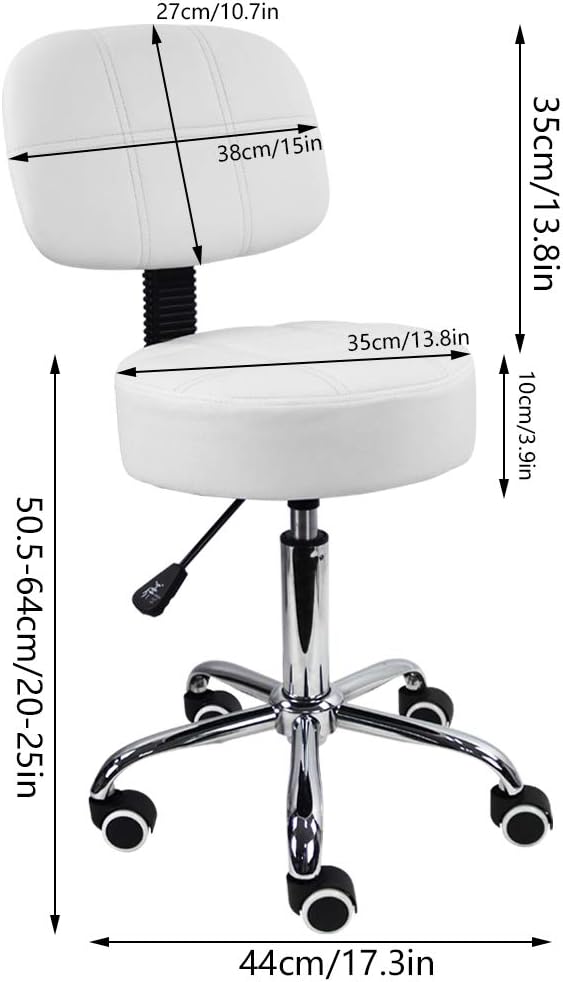 KKTONER Rollhocker Arbeitshocker mit Rückenlehne Höhenverstellbarer 50-64cm PU Leder Weiss, Weiss