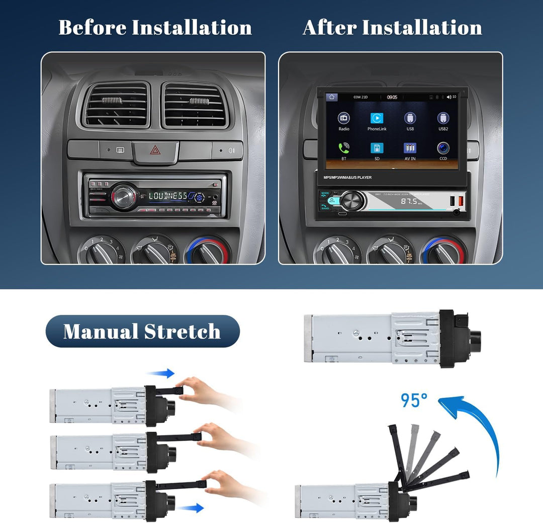 Hikity AM FM Autoradio 1 Din Wireless Carplay Android Auto, 7 Zoll Manuelle Ausfahrbarem Display Tou