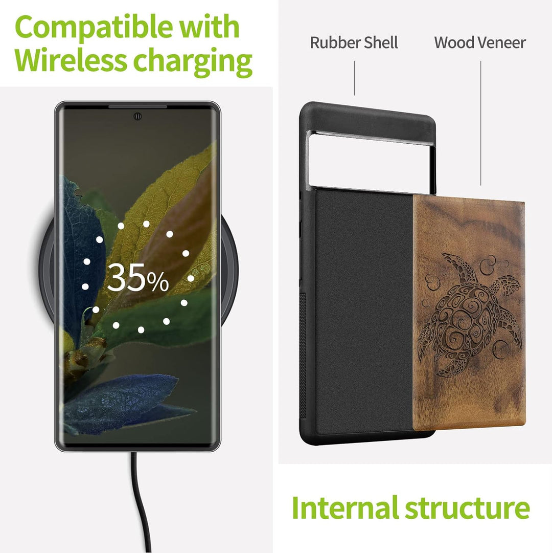 Carveit Hülle für Pixel 6 Pro Case [Holz und TPU Silikon Hybrid Handyhülle] Stossfeste Stossstange h