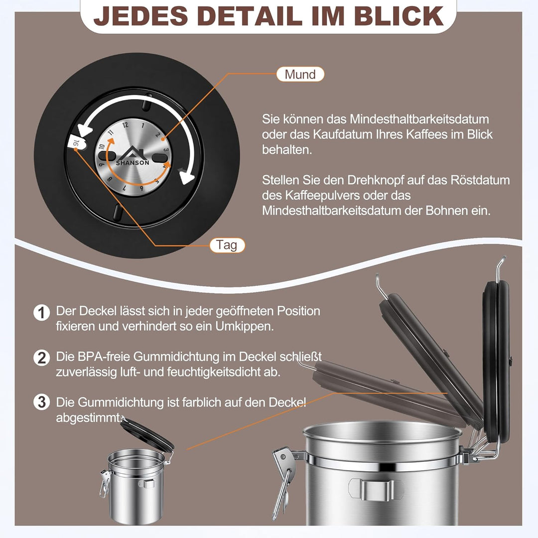 ShanSon Kaffeedose, luftdicht, Edelstahl, Kaffeebohnen-Aufbewahrungsbehälter mit Schaufel, Kaffeedos