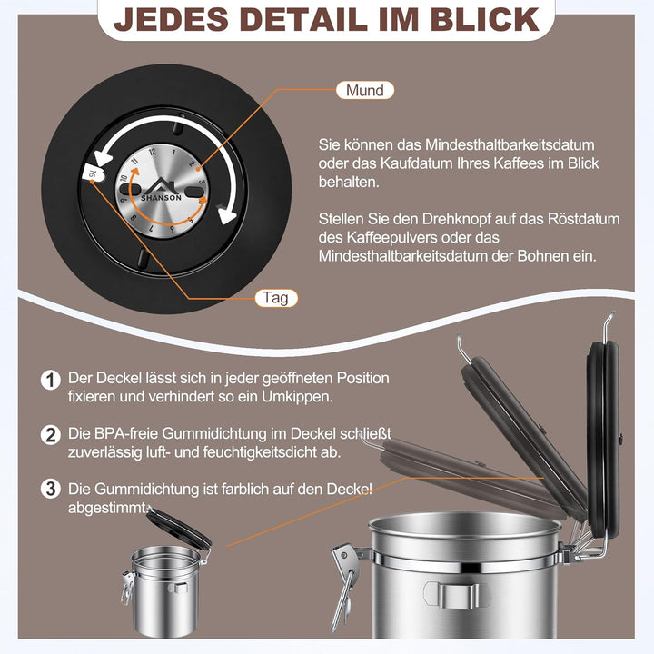 ShanSon Kaffeedose, luftdicht, Edelstahl, Kaffeebohnen-Aufbewahrungsbehälter mit Schaufel, Kaffeedos