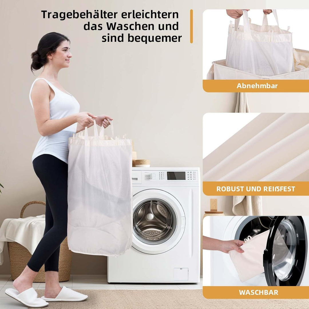 Wäschekorb mit Deckel 135L, Grosse Wäschesammler 2 Fächer mit Griffen, Beige | Wäschesortierer und H