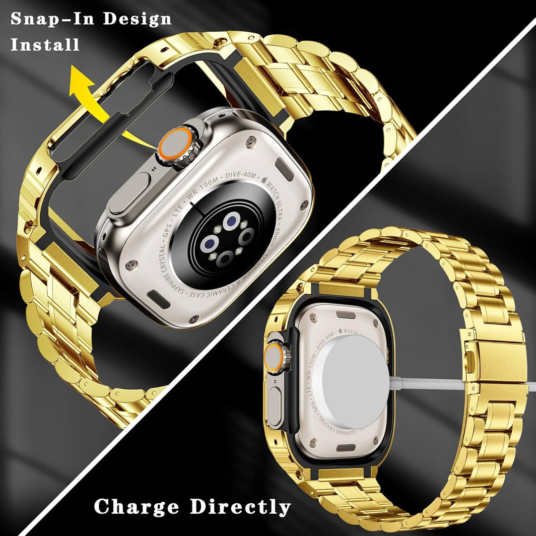 MioHHR Metallbänder mit Gehäuse kompatibel für Apple Watch Band 49 mm, stossfestes Edelstahlgehäuse