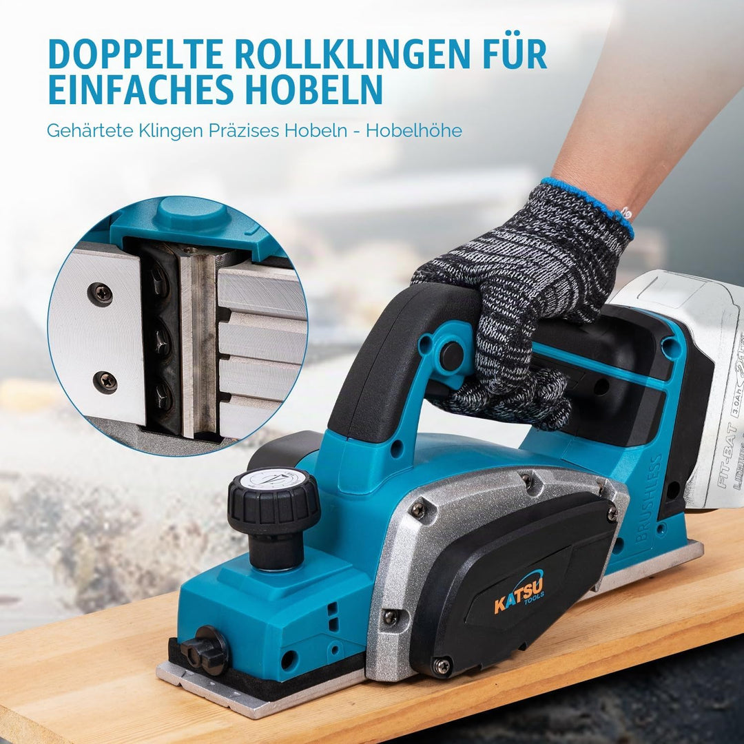 KATSU FIT-BAT Akku-Hobel 21V 82mm, Bürstenlos, 2mm Span, Alu-Sohle mit 3 V-Nuten, Extra Klingen, Ohn