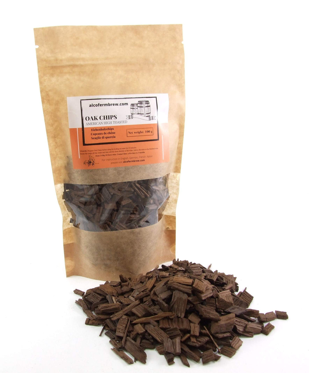 AlcoFermBrew Amerikanische Eichenholzchips Stark Getoastet 100g Für Wein und Spirituosen Intensives