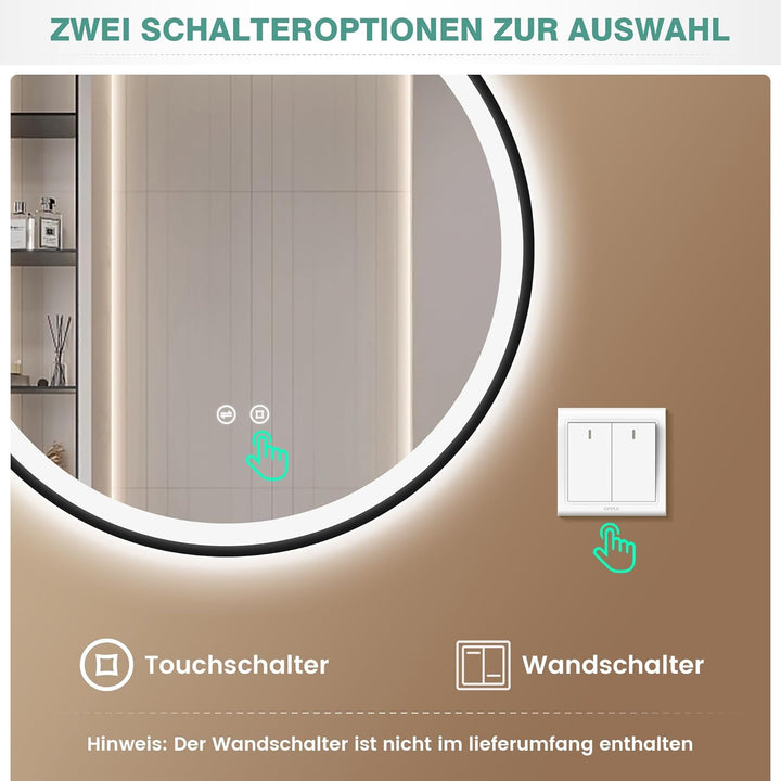 Spiegel Rund mit Beleuchtung 50 cm Dimmbar, 3 Farben, Speicherfunktion, IP44 Wasserdicht, Schwarzer