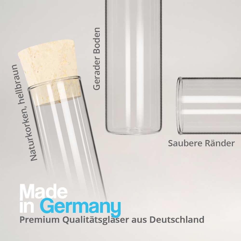 Tuuters 100 Stück Glas Reagenzgläser mit Korken (80 x Ø 30mm) Flachboden | 40ml Reagenzglas mit Natu