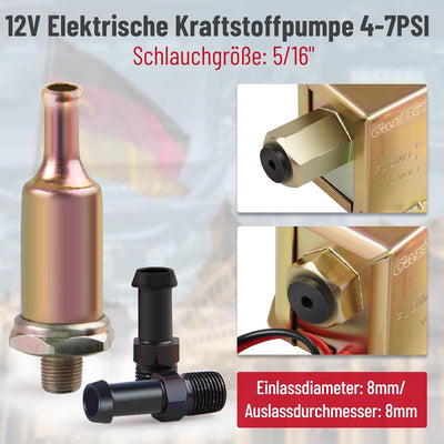 CarBole Kraftstoffpumpe 12V Elektrische Benzinpumpe Metall 4-7 PSI Universal Inline Kraftstoffpumpe