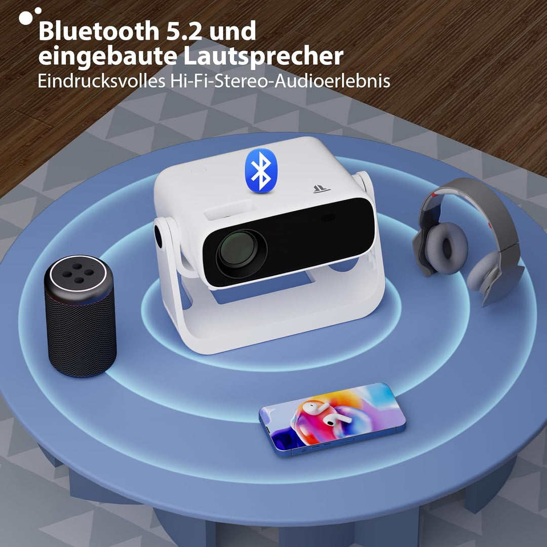 Smart Beamer 4K Unterstützung, Android 11, Full HD 1080P, WiFi 6 & BT 5.2, 120° Verstellbarer Stände