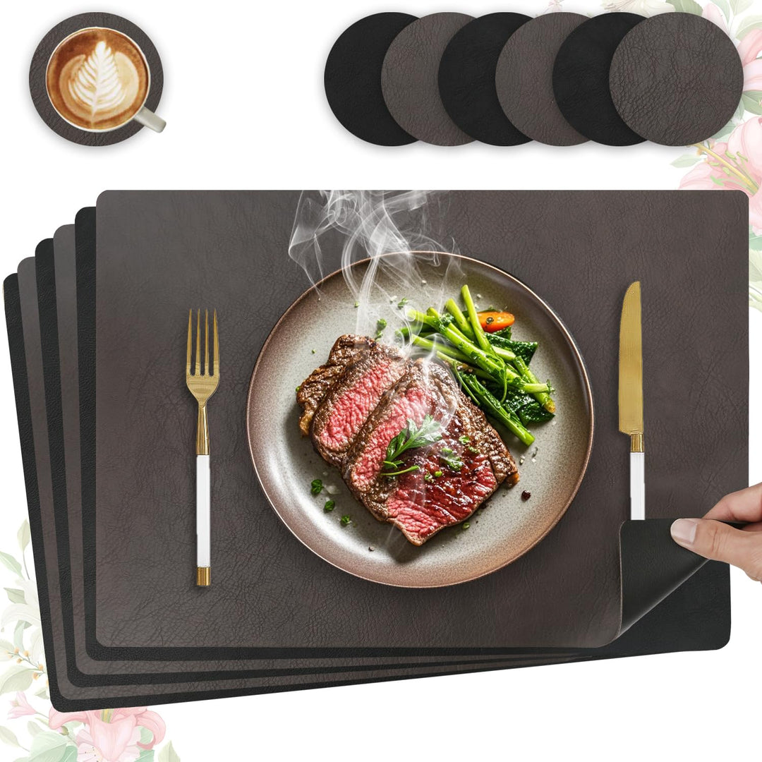 6er Set Tischset aus Leder-Imitat，Platzsets abwaschbar und wasserdicht，Platzdeckchen Lederoptik mit