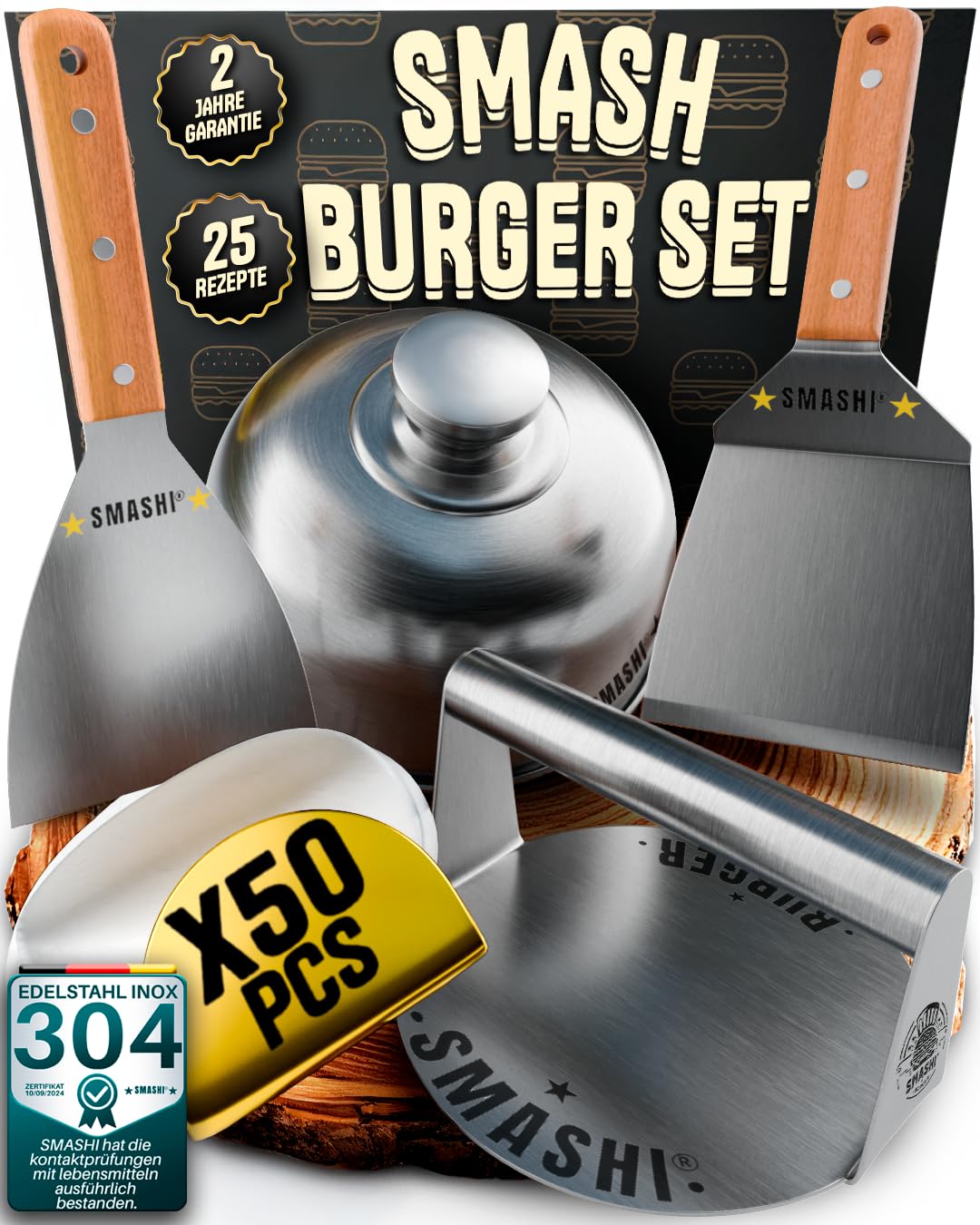 SMASHI® Smash Burger Set mit Holzgriffen – Grillzubehör aus Edelstahl 304 Burgerpresse, Spachteln &