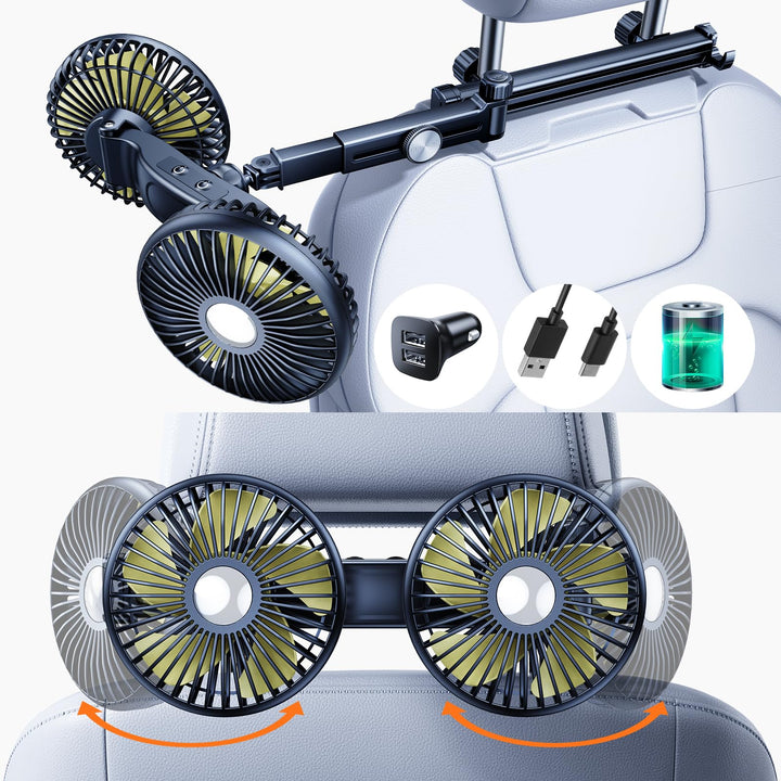 Akku-Ventilator für Auto-Rücksitz mit einziehbarem langem Arm, [Geschenk-Kfz-Ladegerät & USB-C-Kabel