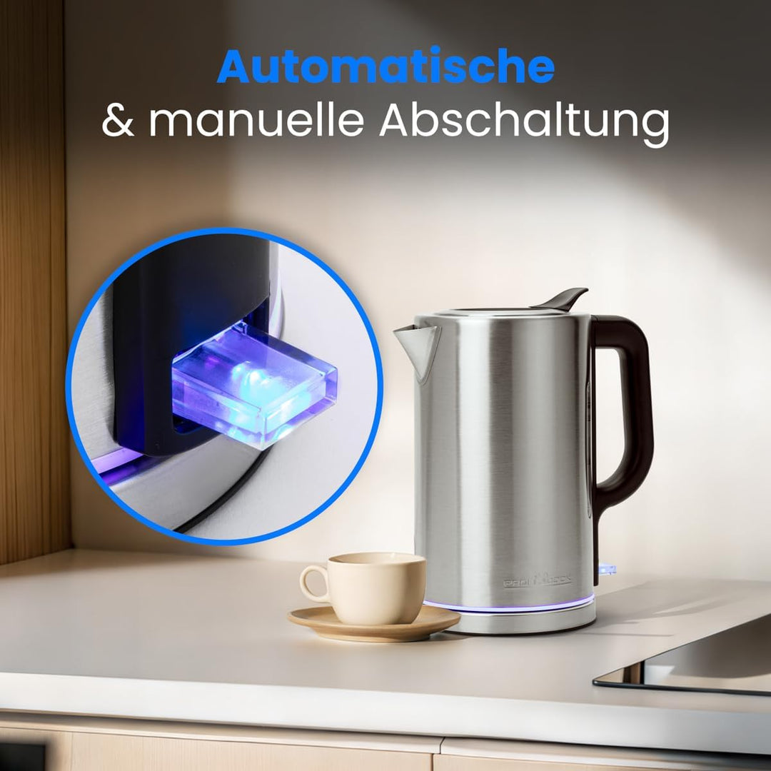 ProfiCook® Wasserkocher Edelstahl 1,7L | Ambiente-Beleuchtung | 2200W | Einhandbedienung | BPA frei