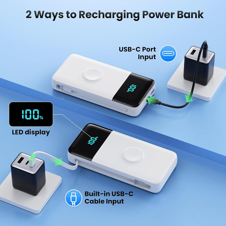 Power Bank 26800mAh USB C 25W PD, QC4.0 Powerbank Schnelles Aufladen mit 2 Kabel (Eingabe &amp; Ausgabe)