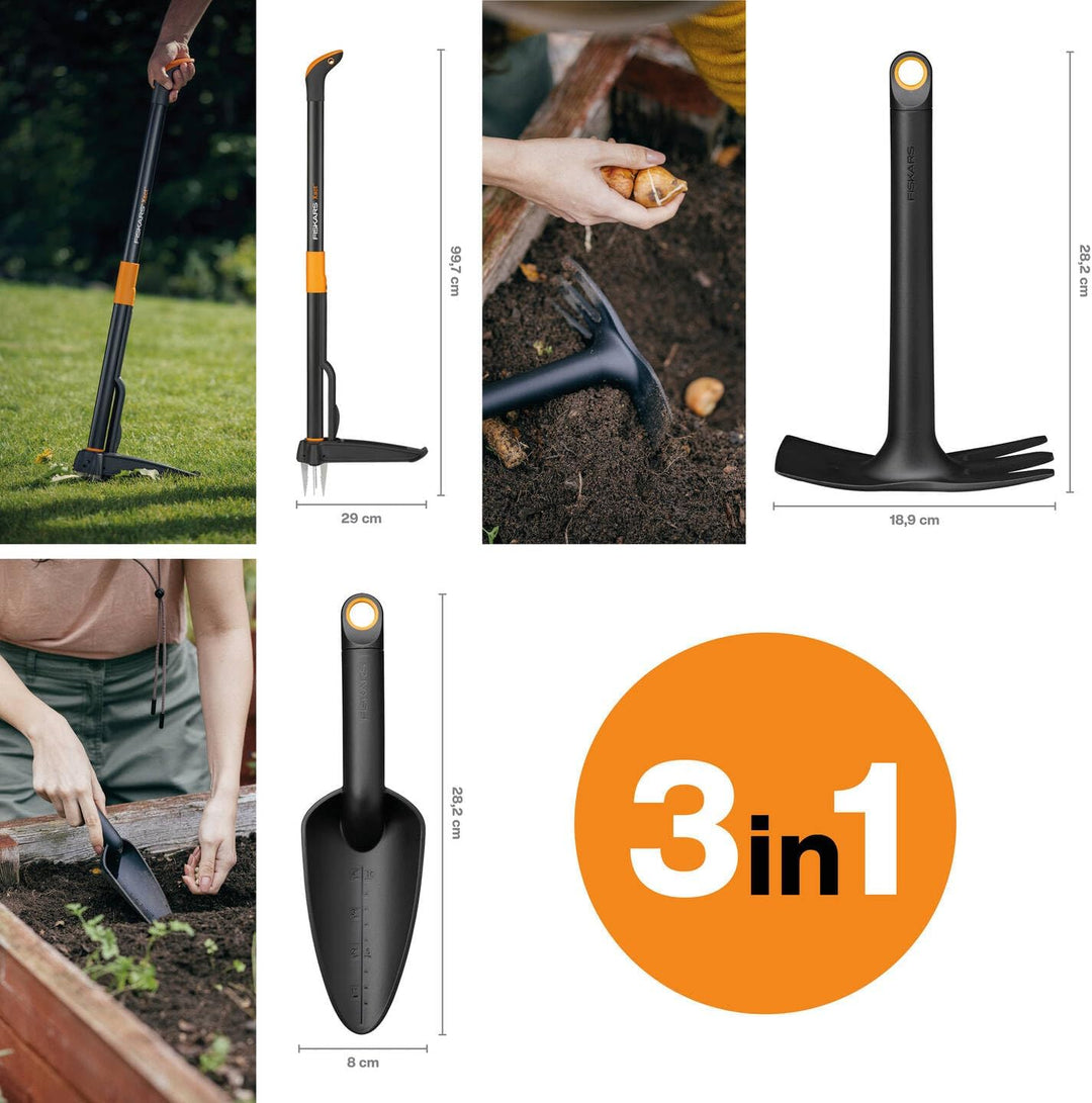 Fiskars Gartenwerkzeuge-Set, 3-teilig, Xact Unkrautstecher, Rostfreier Stahl/Kunststoff, Solid-Kombi