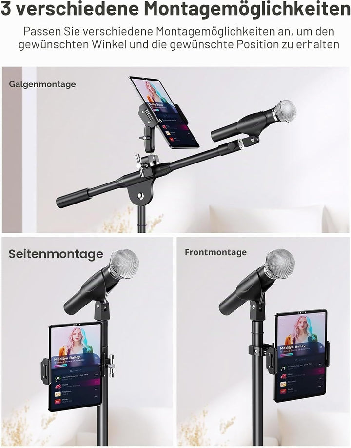 elitehood Aluminium-Tablet-Halterung mit zwei Kugelkopfen, verstellbarer iPad-Mikrofonständer, Seite