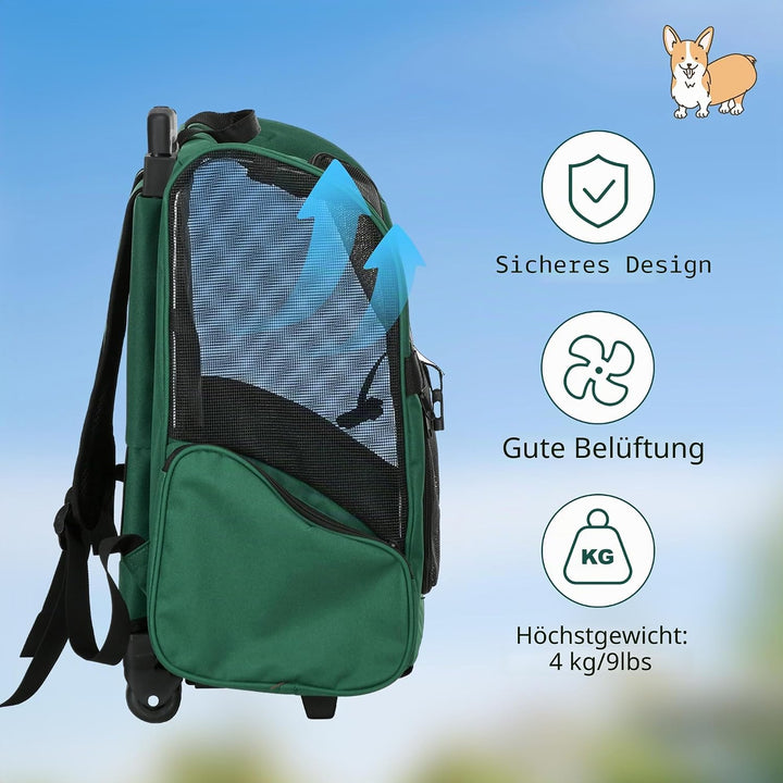 PawHut 2-in-1 Rucksackträger für Haustiere mit Rädern 42x25x55cm Grün | Seitentaschen, Teleskopgriff
